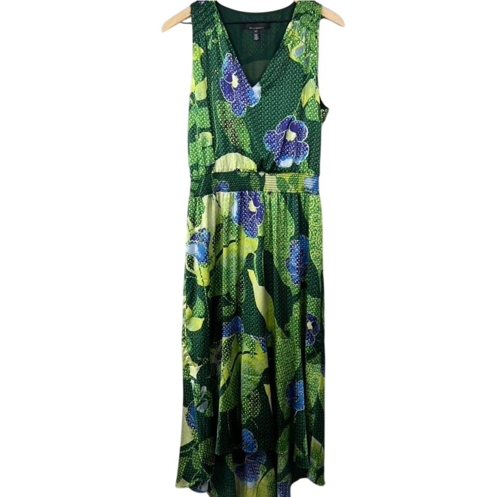White House Black Market Green Floral Smocked Empire Waist Midi Dress 10 - Picture 2 of 8
